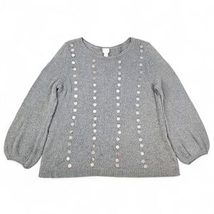 Chico’s Gray Sequin Embellished Metallic Knit Sweater Balloon Sleeve Size 3 XL